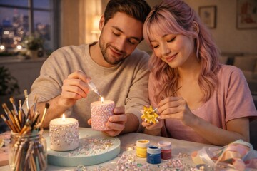 Young couple enjoying a shared crafting hobby with candles at home © dvoevnore