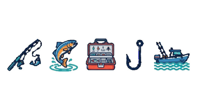 Fishing vector icon set, fishing rod, fish, tackle box, hook, boat. white bg 


