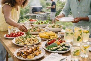 Outdoor vegan bbq party with various food dishes, perfect for gatherings and celebrations © dvoevnore