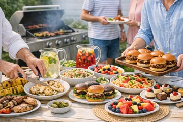 Outdoor backyard bbq party with diverse food and drinks, perfect for summer gatherings © dvoevnore
