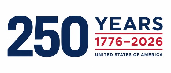 250 years USA independence anniversary graphic with 1776-2026 date range, patriotic navy and red typography, sale-ready banner layout on white background for advertising, marketing, social media © dvoevnore