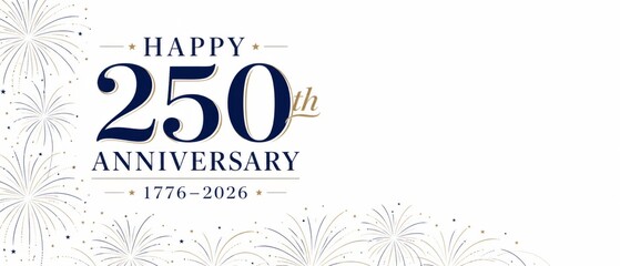 USA independence 250th anniversary banner with Happy 250th Anniversary 1776-2026 text, navy and gold fireworks on white background, patriotic sale design for advertising, marketing, social media © dvoevnore