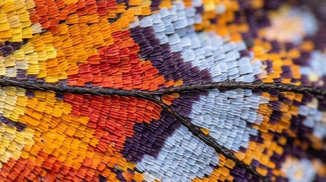 Macro texture of a giant atlas moth wing with orange and black patterns 
