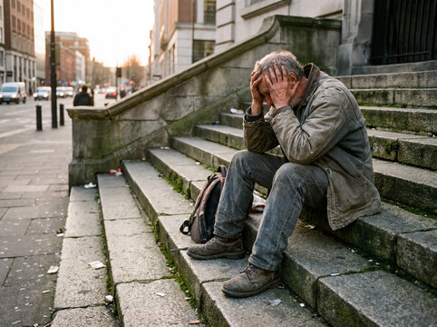 Homeless man experiencing despair and poverty on urban street steps, head in hands, symbol of social issues