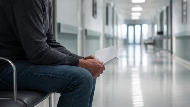 Man waiting alone in hospital corridor holding medical documents