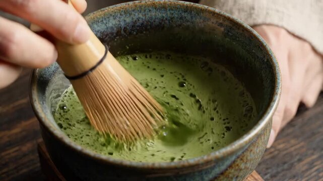 Matcha green tea bowl and bamboo whisk hand creating rich foam for traditional ceremony preparation with organic powder drink and healthy antioxidant