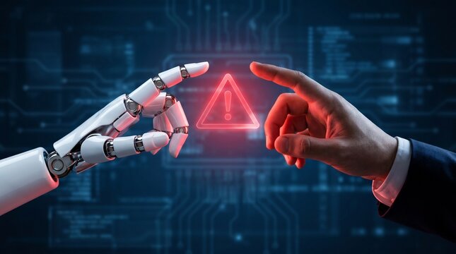 AI monitors network to issue real-time alerts for cybersecurity incidents. Alert warning showing red cyber for data breach, network threat, emphasis on security risk, caution, digital protection Vouch