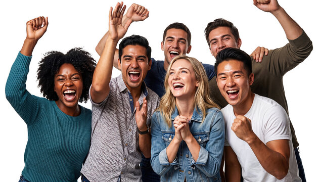 Group of ecstatic multiethnic friends celebrating victory with raised hands on transparent background