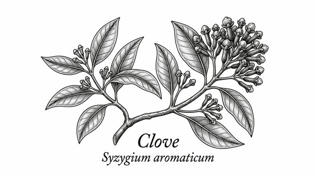 Vintage hand-engraved botanical illustration of a Clove branch (Syzygium aromaticum) with buds and leaves. Detailed monochrome sketch with typography, ideal for spice packaging, labels, and apothecary