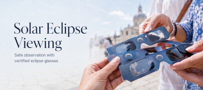 Solar eclipse viewing with eclipse glasses in Europe, copy space