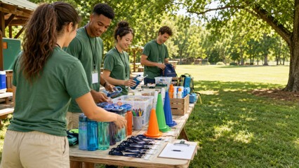 Summer camp preparation with group organizing supplies outdoors © dvoevnore