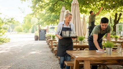 Outdoor restaurant staff setting up tables with care, summer preparation © dvoevnore