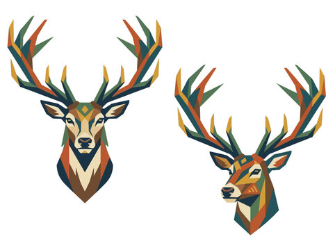 Geometric Deer Head Illustration Set with Colorful Low Poly Abstract Design.