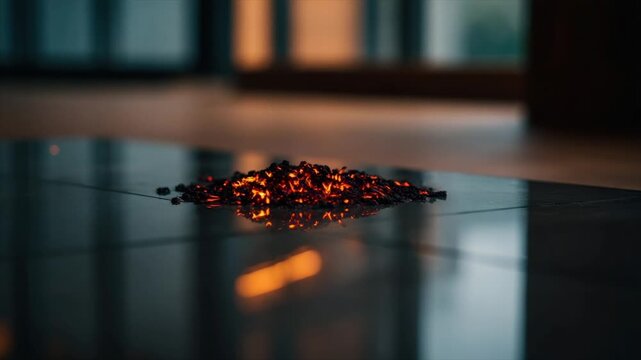 Pile of embers on a glossy surface, reflecting orange glow, blurred background