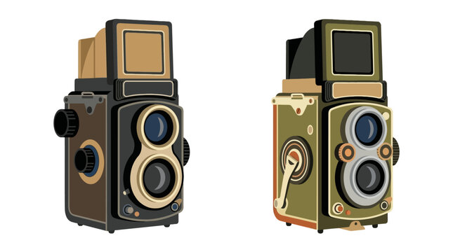 Two vintage twin lens reflex cameras with classic medium format design and retro aesthetic.