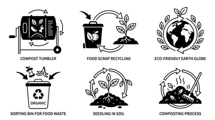 Obraz premium Set of black and white icons depicting composting, organic waste recycling and sustainable environmental processes, Symbolizing effective waste management and promoting eco-friendly sustainable living