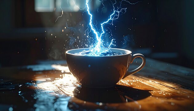 Electrifying Brew - Lightning Strikes a Cup of Coffee.