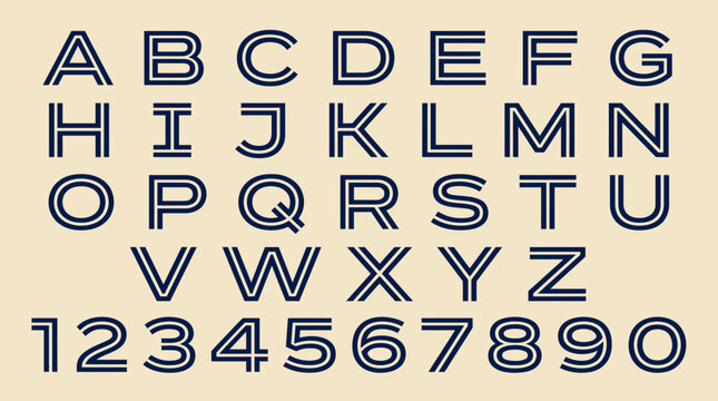 Full uppercase English alphabet and numeric digits 0-9 in a modern double-line font against a cream background, illustrating graphic design elements and educational content