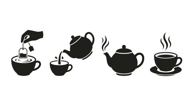 Vector set of black icons illustrating tea making steps including steeping, pouring and serving hot tea, symbolizing beverage preparation or providing graphic elements for menus