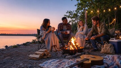Campfire gathering at sunset with friends enjoying drinks and conversation © dvoevnore