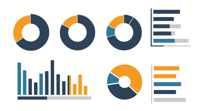 Business data visualization set with colorful donut charts and bar graphs for financial analysis.