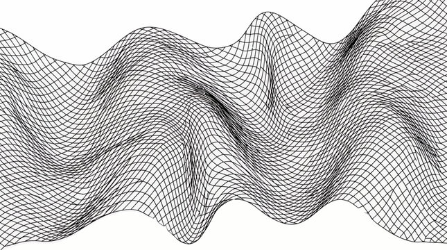 Abstract black wireframe mesh grid forming undulating 3D waves on a bright white background, representing complex data visualization and futuristic technology concepts