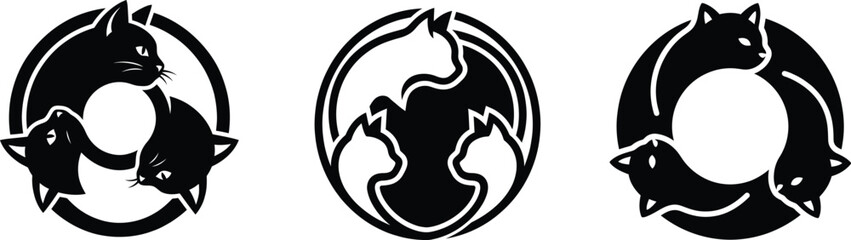 Minimalist circular black cat logo set with three feline heads in ring formation for pet brand. © jim's Cafe