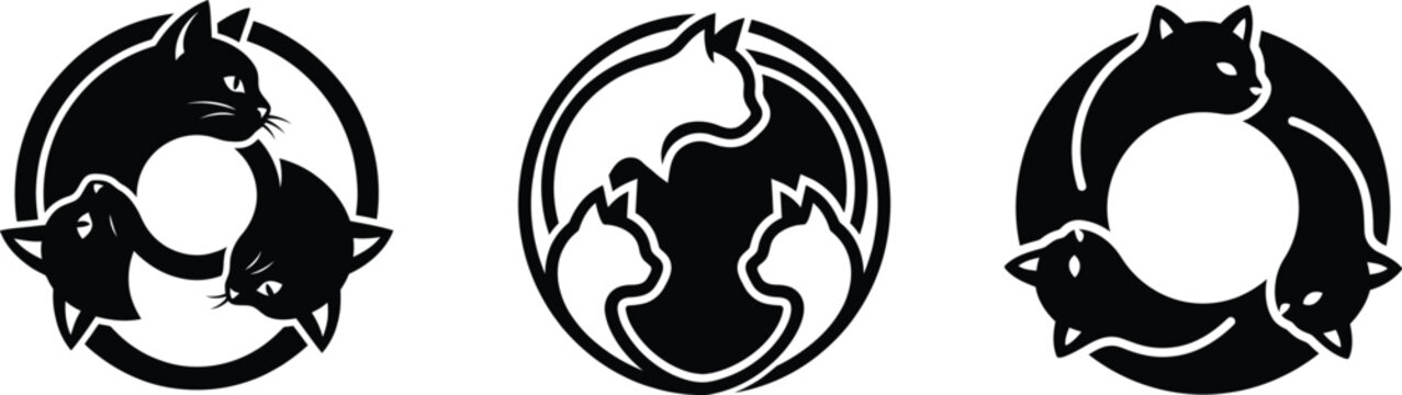 Minimalist circular black cat logo set with three feline heads in ring formation for pet brand.