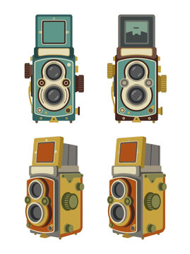 Set of four vintage twin lens reflex cameras in retro illustration style.