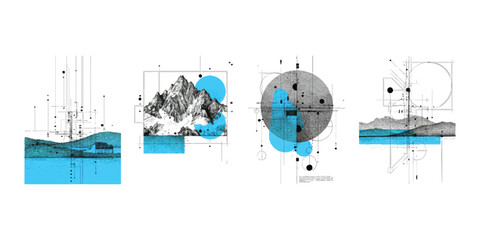 Abstract geometric landscape illustrations with mountain and architectural line art elements © md