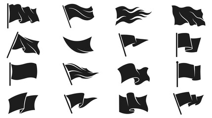 Collection of sixteen black flag with various waving shapes and silhouettes on white background © Md