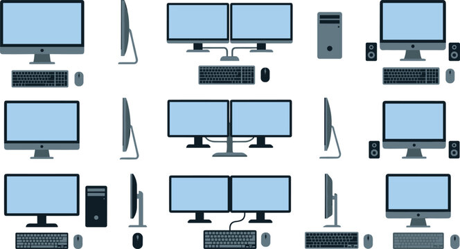 Computer desktop setup collection with monitor, keyboard, mouse, speakers and workstation technology equipment illustrations