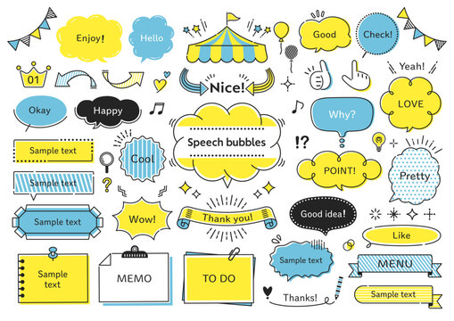 Hand-drawn speech bubbles, frames, and decorative elements set