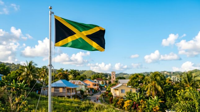 Jamaican national flag waving on flagpole over lush tropical village landscape under sunny blue sky