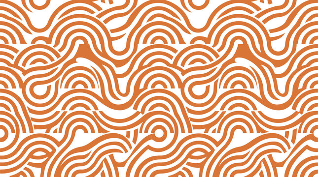 Seamless pattern featuring interlocking orange wavy lines and semicircle arcs on a clean white background