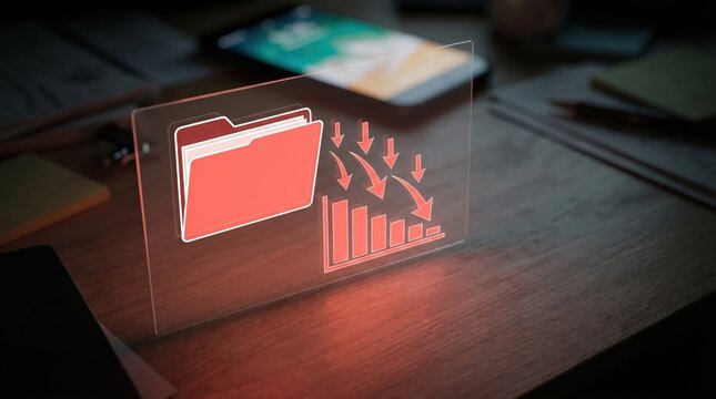 Data Export and Financial Downturn Concept: Floating Red Holographic Document Folder with Downward Arrows and Dropping Bar Chart above Blurred Desk