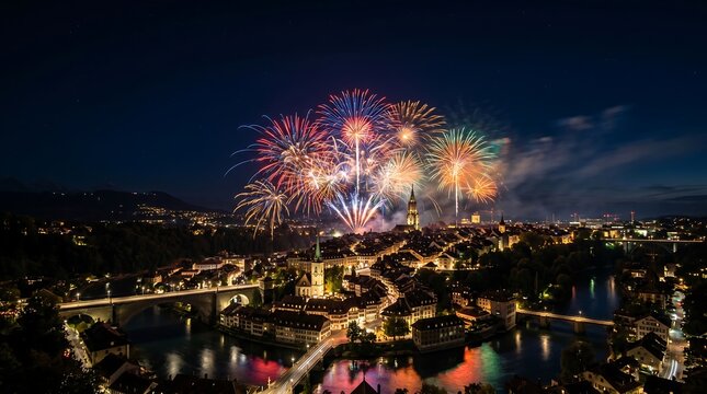 Long exposure night view of colorful fireworks exploding over Bern Switzerland old town cityscape with river
