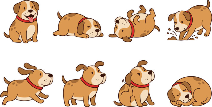 Set of cute cartoon puppy showing various dog poses and expressions on white background