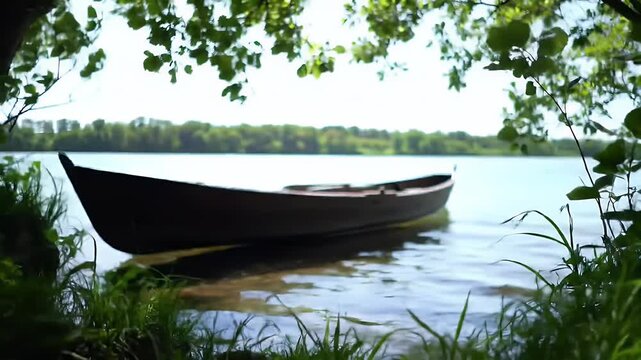 A solitary wooden boat rests by a tranquil lake, framed by lush foliage