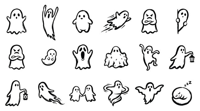Set of cute hand drawn ghost with various expressions and poses on white background