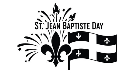 St Jean Baptiste Day emblem with fleur de lis and flags black silhouette © Saidul_Studio1984