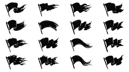 Set of sixteen black waving flag silhouettes with distressed edges on a white background © Md
