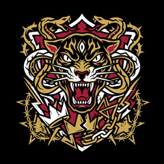 Obraz premium Aggressive Panther Head Illustration with Snakes and Crown in Streetwear Tattoo Style.