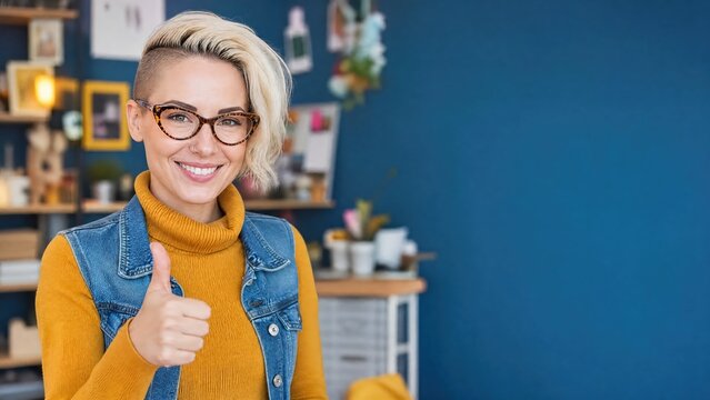 Generative AI, Trendy blonde woman with undercut giving thumbs up in creative studio