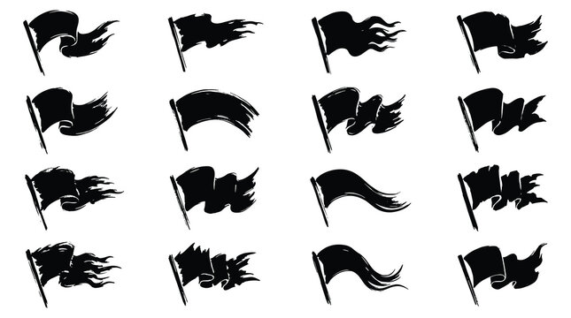 Set of sixteen black waving flag silhouettes with distressed edges on a white background