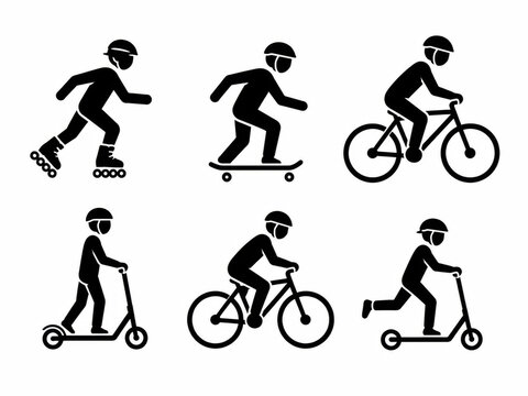 Set of black icons showing people riding bicycles skateboards scooters and rollerblades