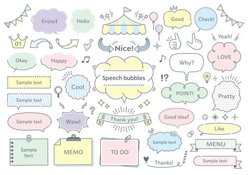 Hand-drawn speech bubbles, frames, and decorative elements set