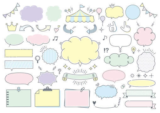 Hand-drawn speech bubbles, frames, and decorative elements set