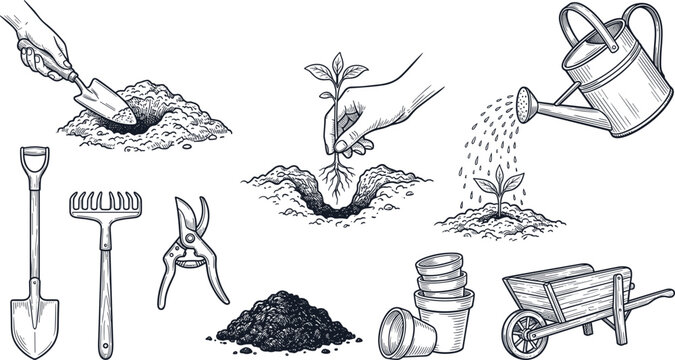Vintage gardening tool and plant care collection with shovel, rake, pruning shears, watering can and garden equipment illustrations