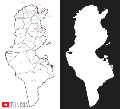 outline and silhouette map of Tunisia with cities and provinces (governorates), vector illustration on white background